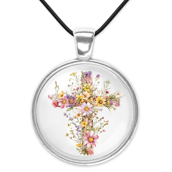 None Jewelry - Floral Cross Pendant Necklace 1 Inch